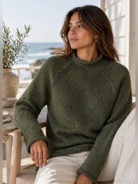 J Crew Sweater Womens XL Green 1988 Rollneck Cotton Minimalist Fisherman BW186